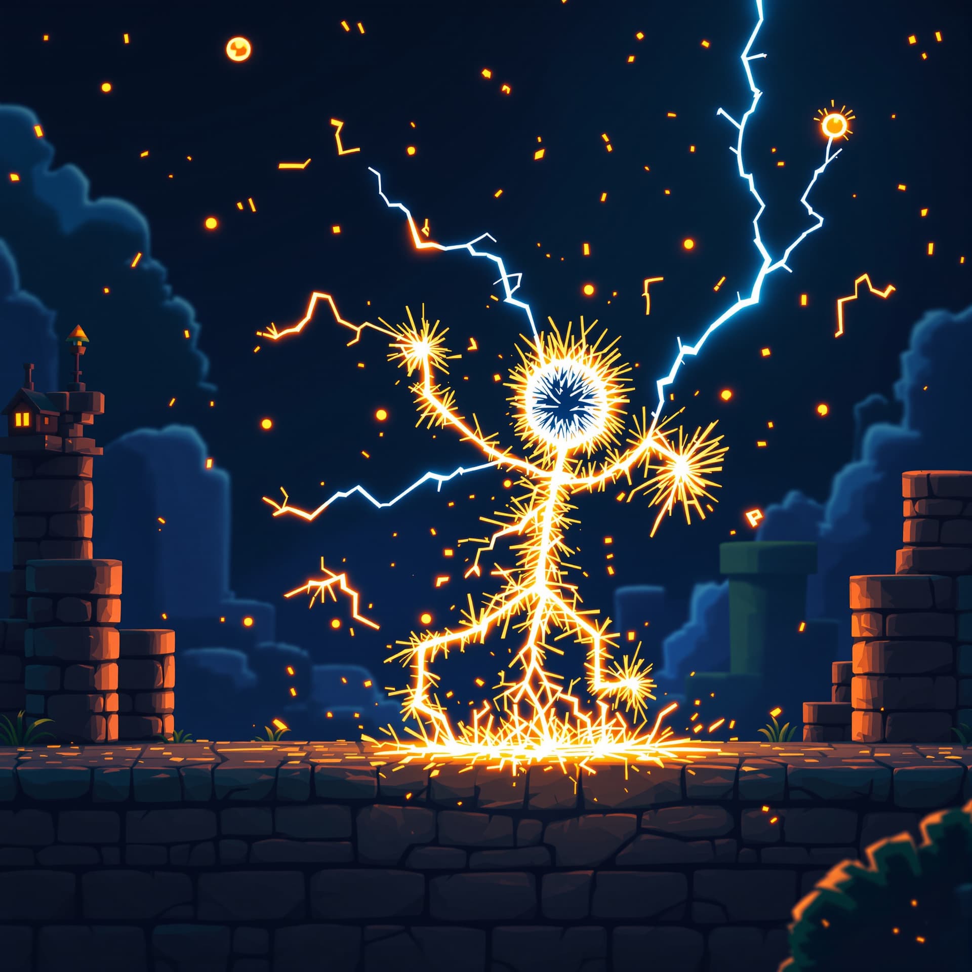 AI generated: a stick man made out of electricity sparks dancing in a mario bothers 2d environment