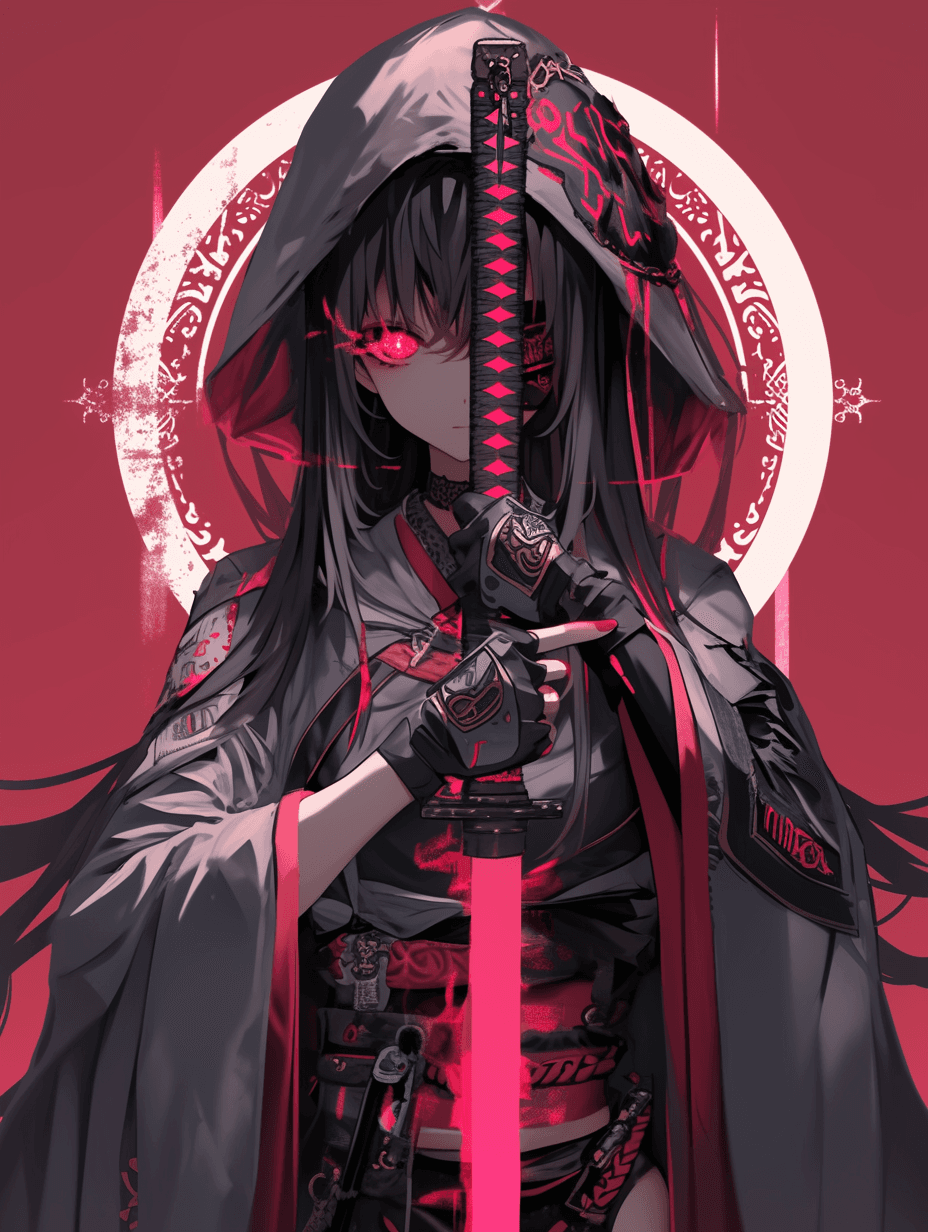 AI generated: A cute girl in Japanese anime style, wearing black mask and grey hooded cape holding samurai sword w...