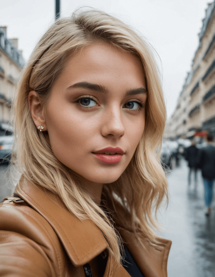 AI generated: blonde girl, taking selfie in paris on a rainy day