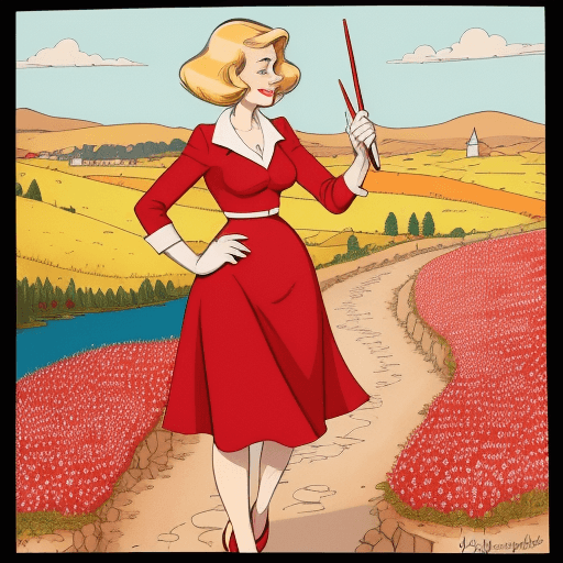 AI generated: Pen and ink, illustrated by Hergé, background landscape. pregment woman red and white stick in hand,...