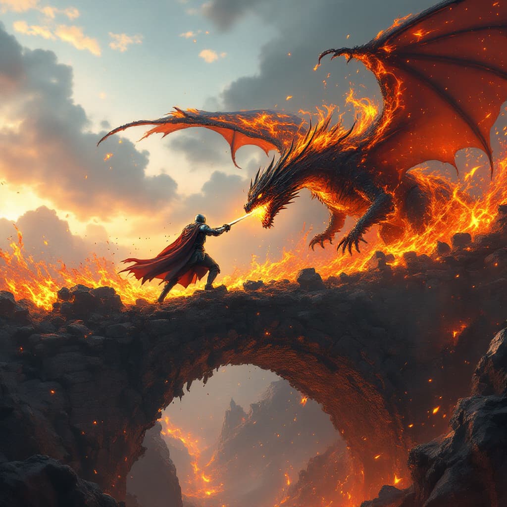 AI generated: 7.	3D render of a knight fighting a molten lava dragon atop a crumbling bridge --v 7 --style fantasy...