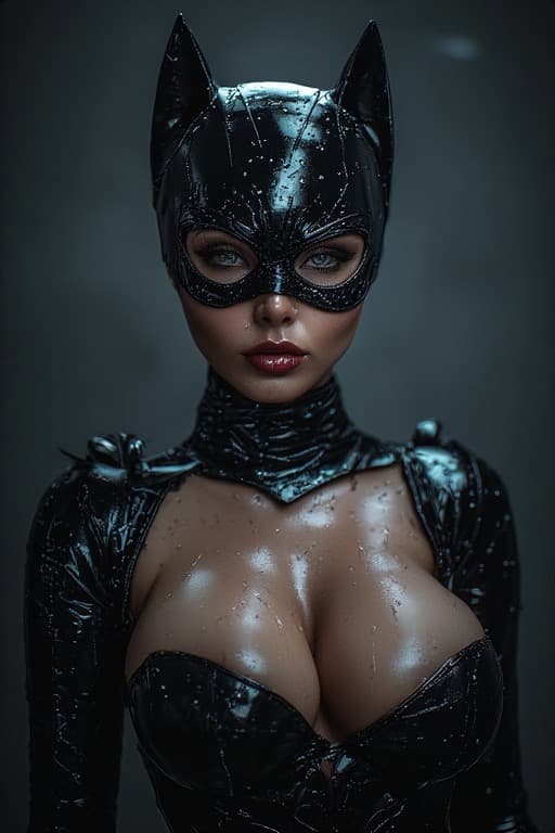 AI generated: Hyperrealistic Catwoman,dark scenery, wearing latex suit, 8k, macro-like sharpness