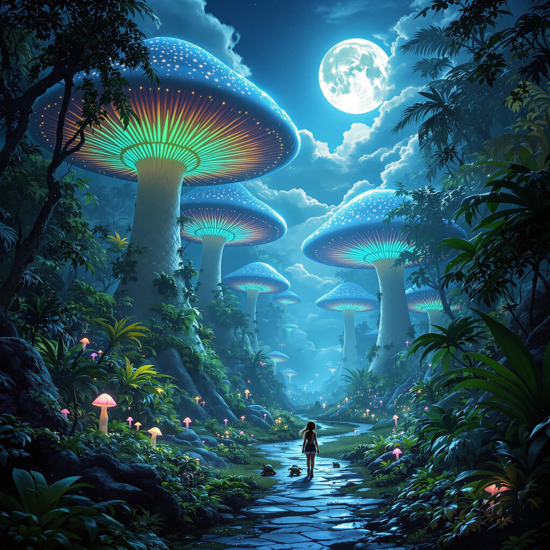 AI generated: A vertical view of an alien tropical jungle, where massive glowing mushrooms with blue and green bio...
