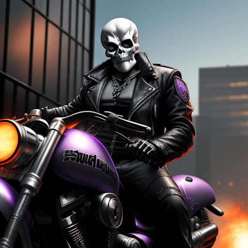 AI generated: ghost rider advanced 2077, military grade jacket, heavy duty accessories, purple blazing skull, silv...