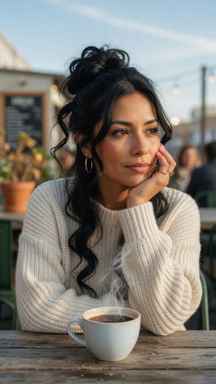 AI generated: Hyper-realistic portrait of a beautiful Mexican woman, early 30s, warm golden tan skin with realisti...