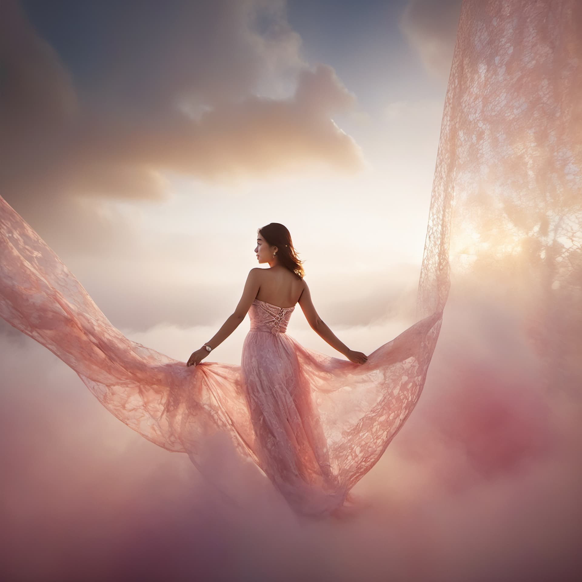 AI generated: best quality, 4k, highres, masterpiece, ultra-detailed, realistic, woman in pink lace dress, jewelry...