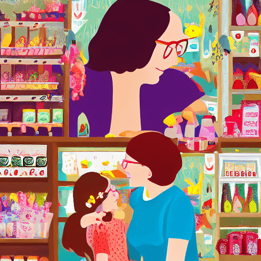 AI generated: Naturalistic collage illustration of a 5-year-old red haired girl at a candy shop in London with her...