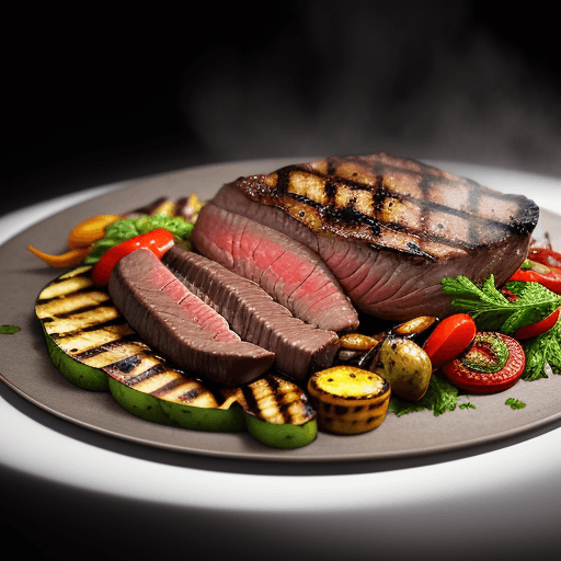 AI generated: Food photography, grilled beef,grilled vegetables,in a luxurious Michelin kitchen style, studio ligh...
