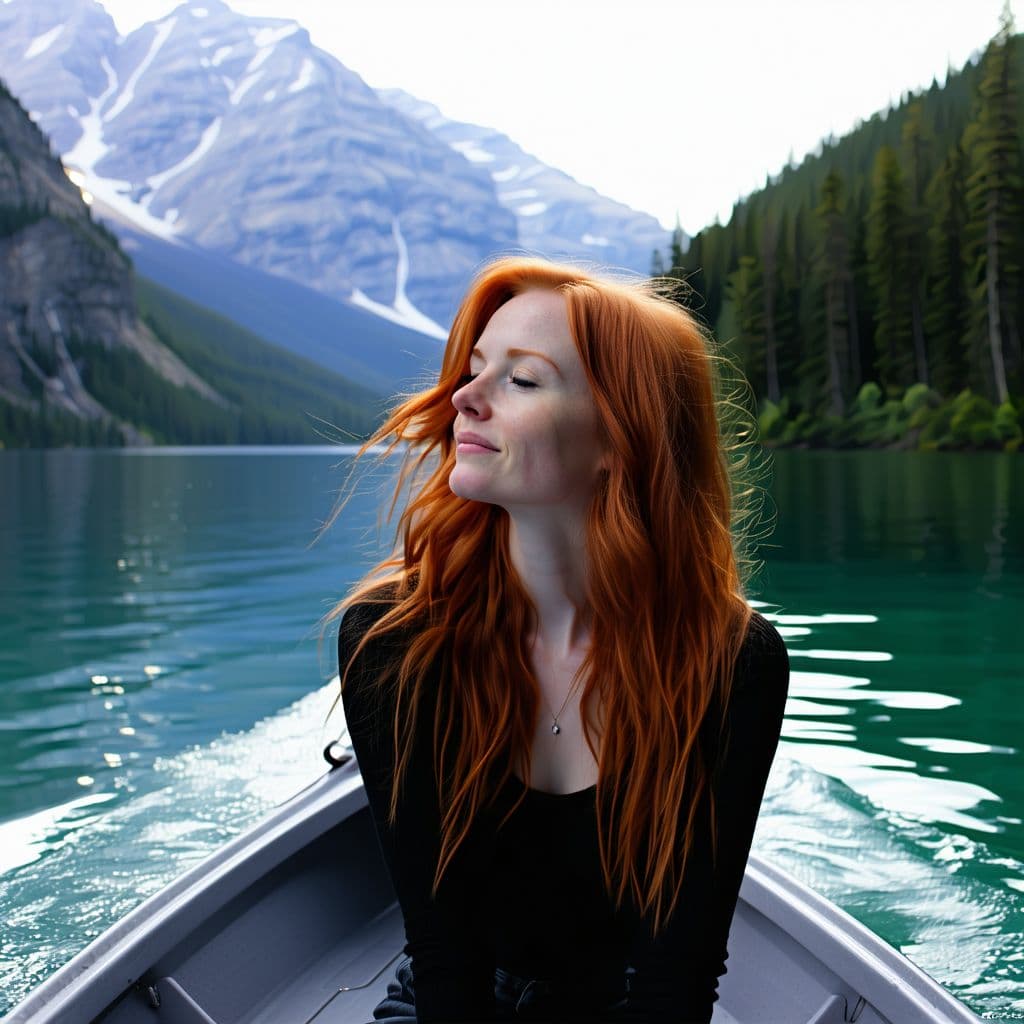 AI generated: A woman with red hair is sitting in a boat on a lake, looking dreamly at the mountains in the distan...