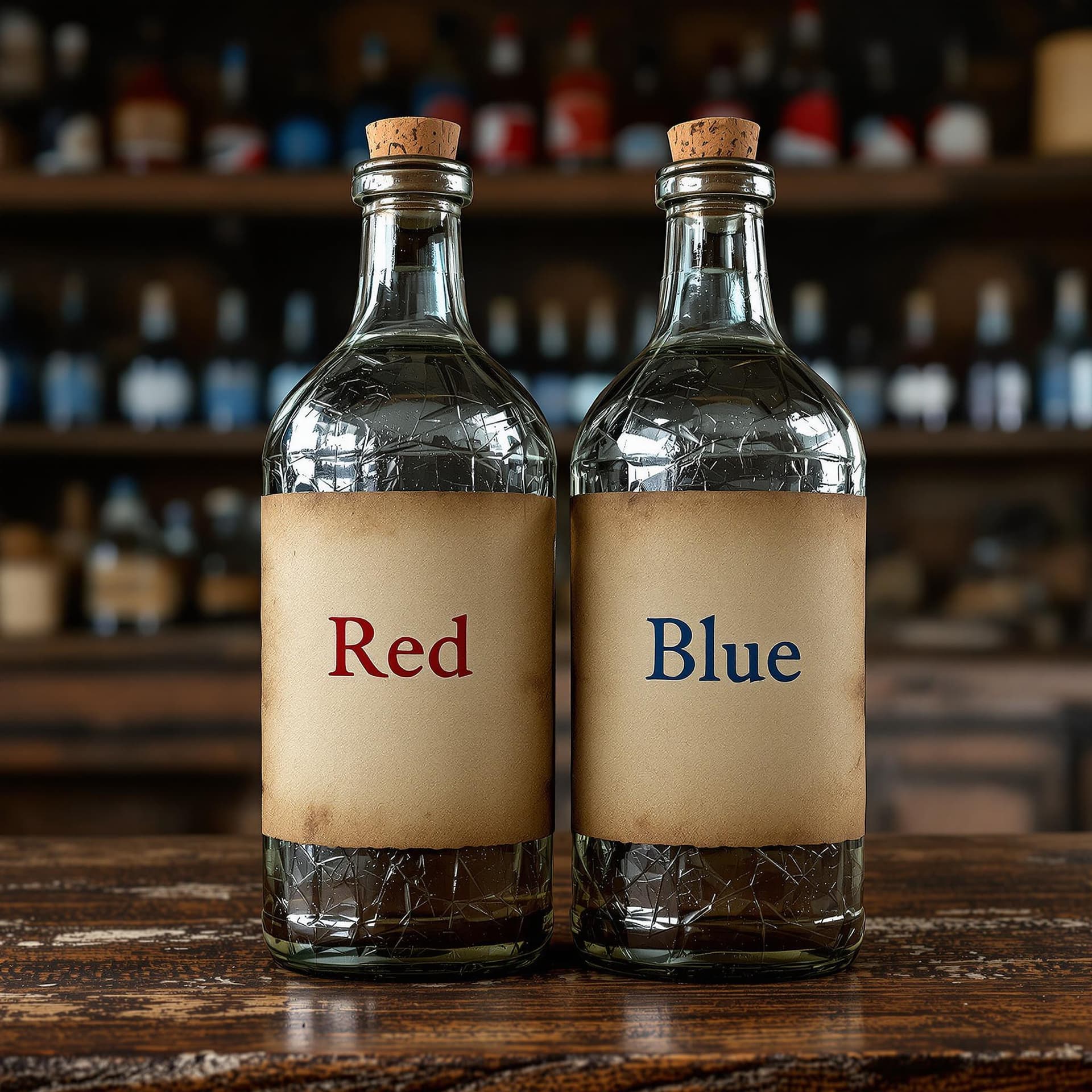 AI generated: An old-fashioned bottle with a plain old paper label that says "Red", and an identical bottle next t...