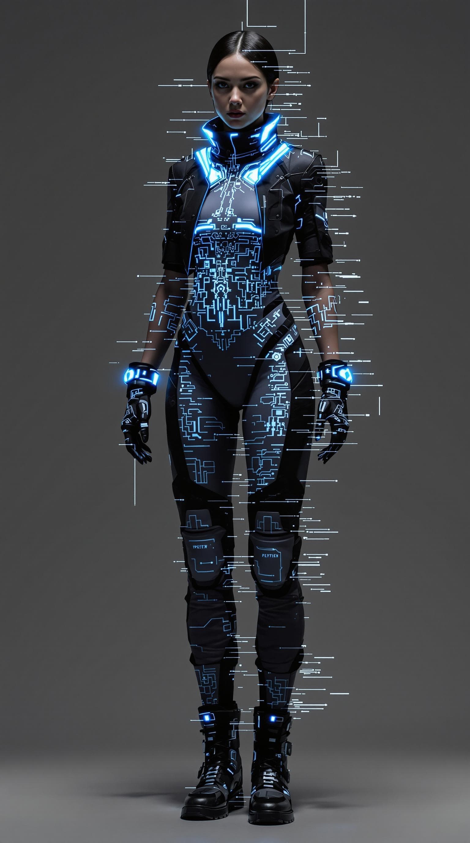 AI generated: ption 1: Shifting Fabric and Translucent Layers

A single girl, wearing a futuristic tech-inspired o...