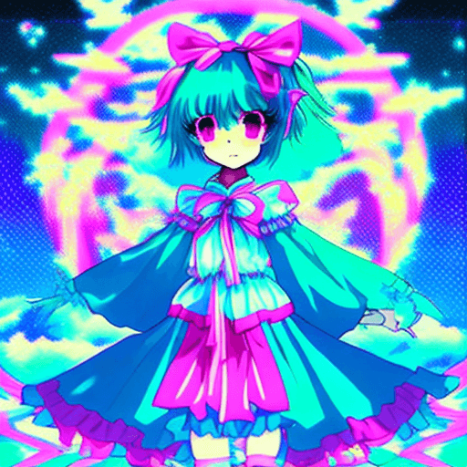 AI generated: Cirno en face
 Touhou esta con el fondo de retrowave con colores vaporwave y neon brillando reflejan...
