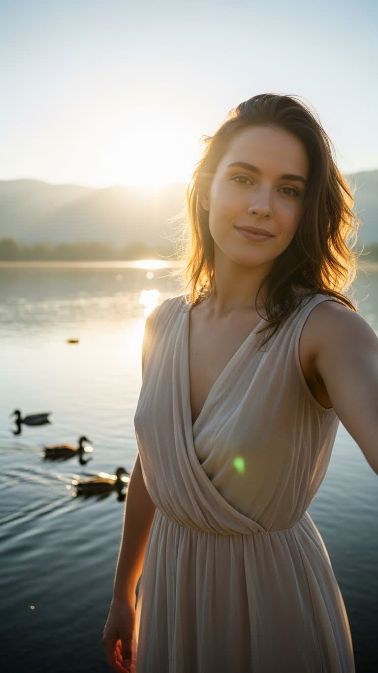AI generated: Woman by the lake, early morning, selfie POV