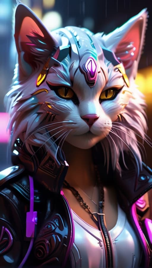 AI generated: digital artwork of anthromorphic cat female, fursona, furry fandom, neon rainy cyberpunk setting, an...