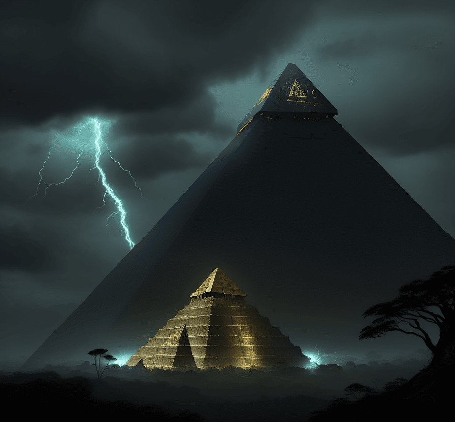 AI generated:  mysterious pyramids and temples. rain forest landscape. cloudy sky. electric sparks. 2 female robot...