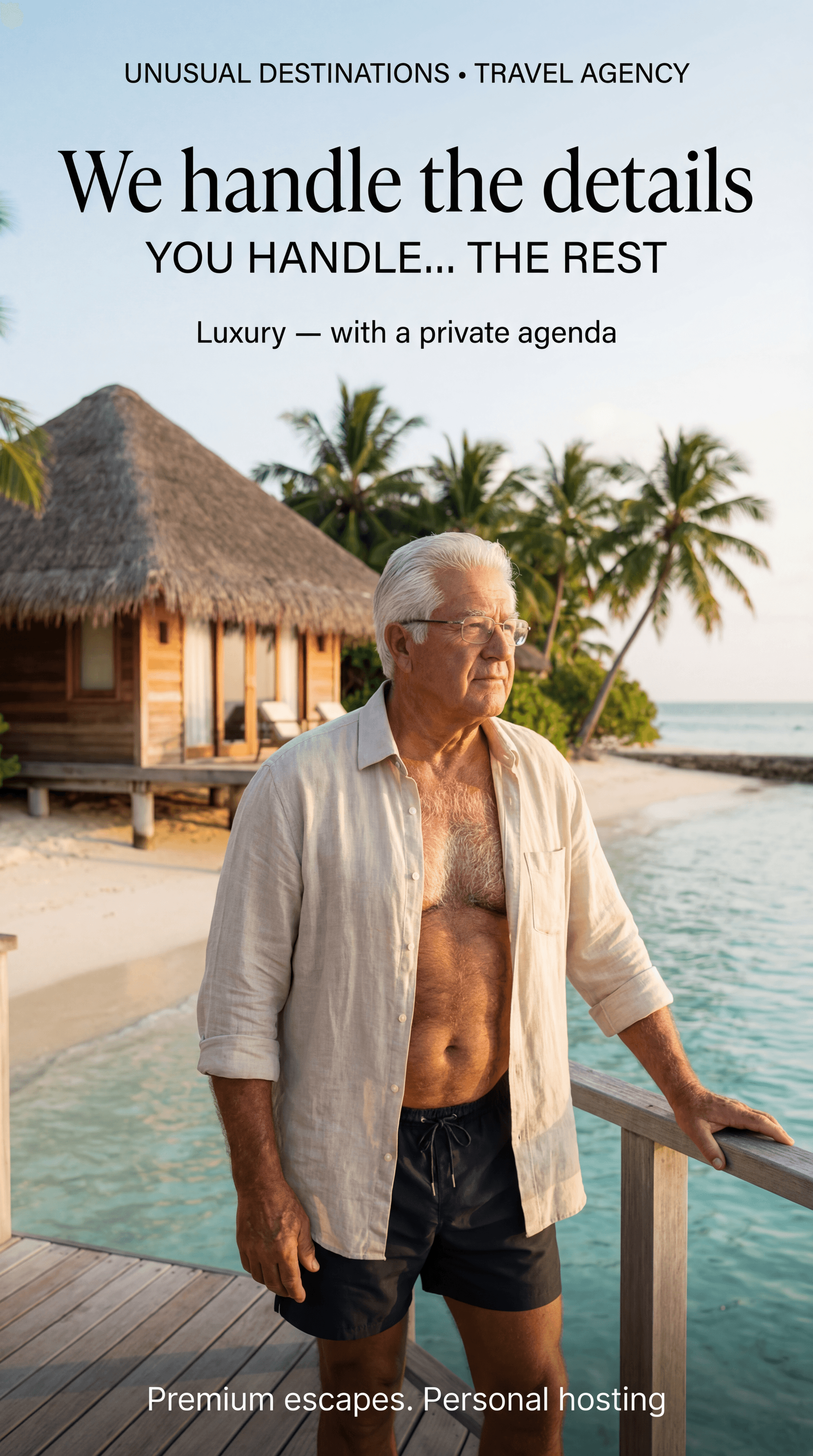 AI generated: ULTRA-REALISTIC PREMIUM TRAVEL AGENCY AD (vertical poster, 9:16).
High-end editorial lifestyle photo...