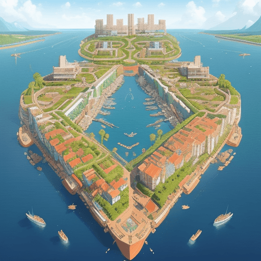 AI generated: Imagine a giant ship transformed into a floating city, shaped like Noah's Ark, navigating on the ope...