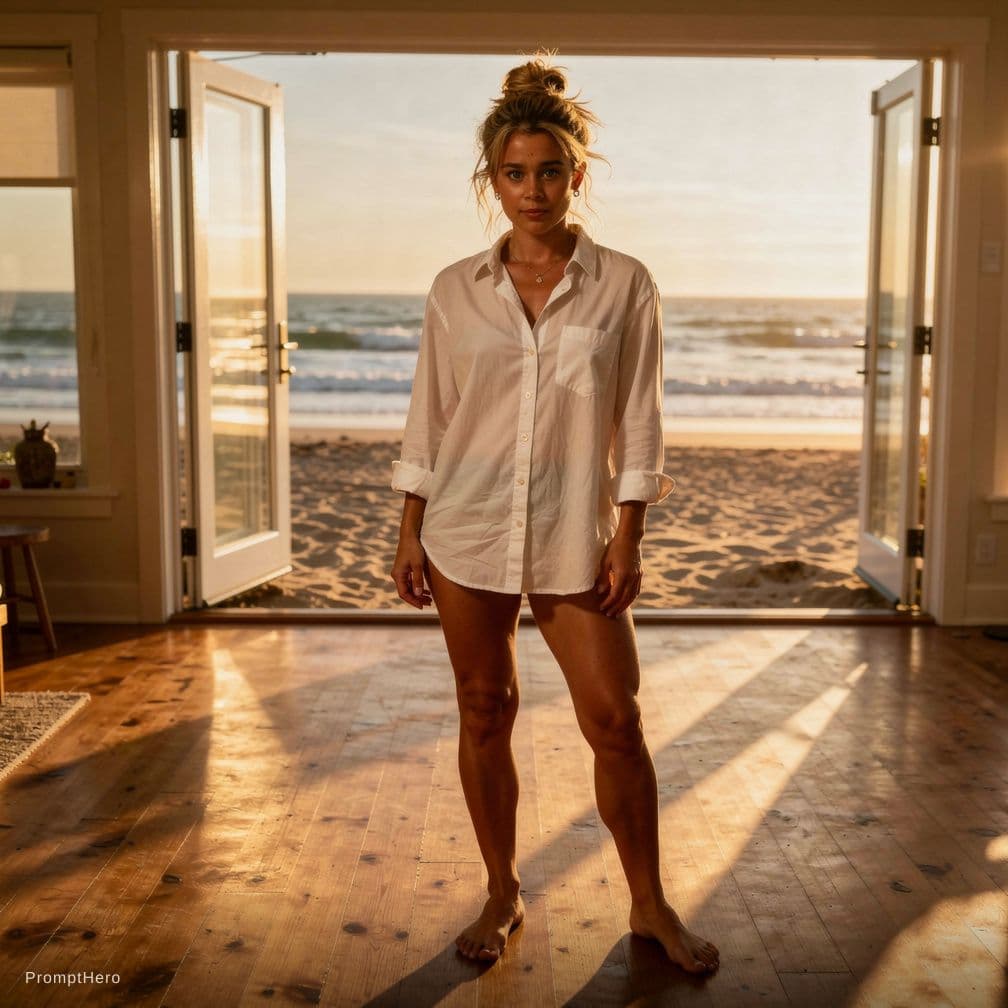 AI generated: cinematic photorealistic portrait of a fit adult woman standing inside a sunlit beach house, warm go...