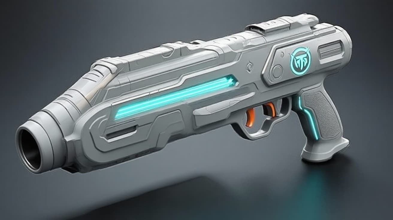 AI generated: Using the image as a reference only, design a chunky, clearly fictional Wisp Pistol for Our’World. C...