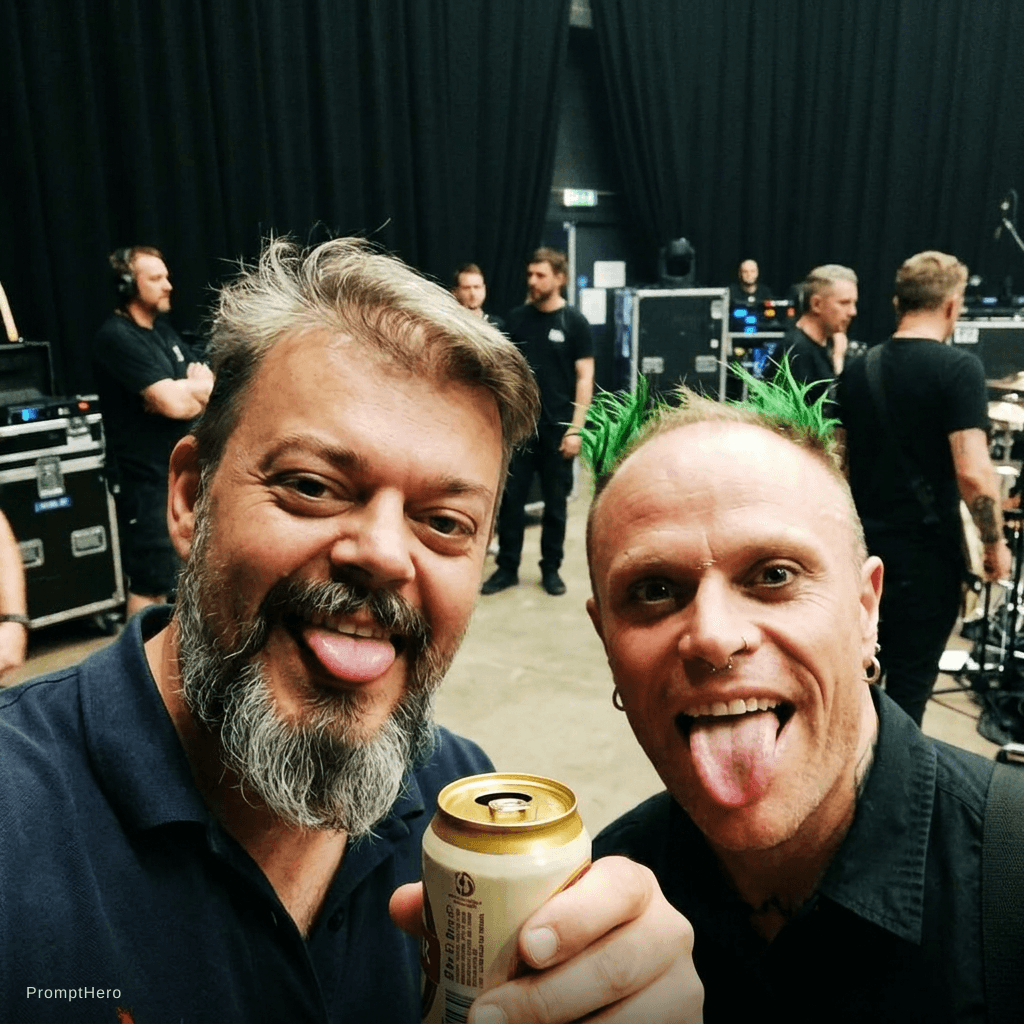 AI generated: with Keith Flint backstage at a concert, excited fans vibe, both sticking out the tongue. he hold a ...