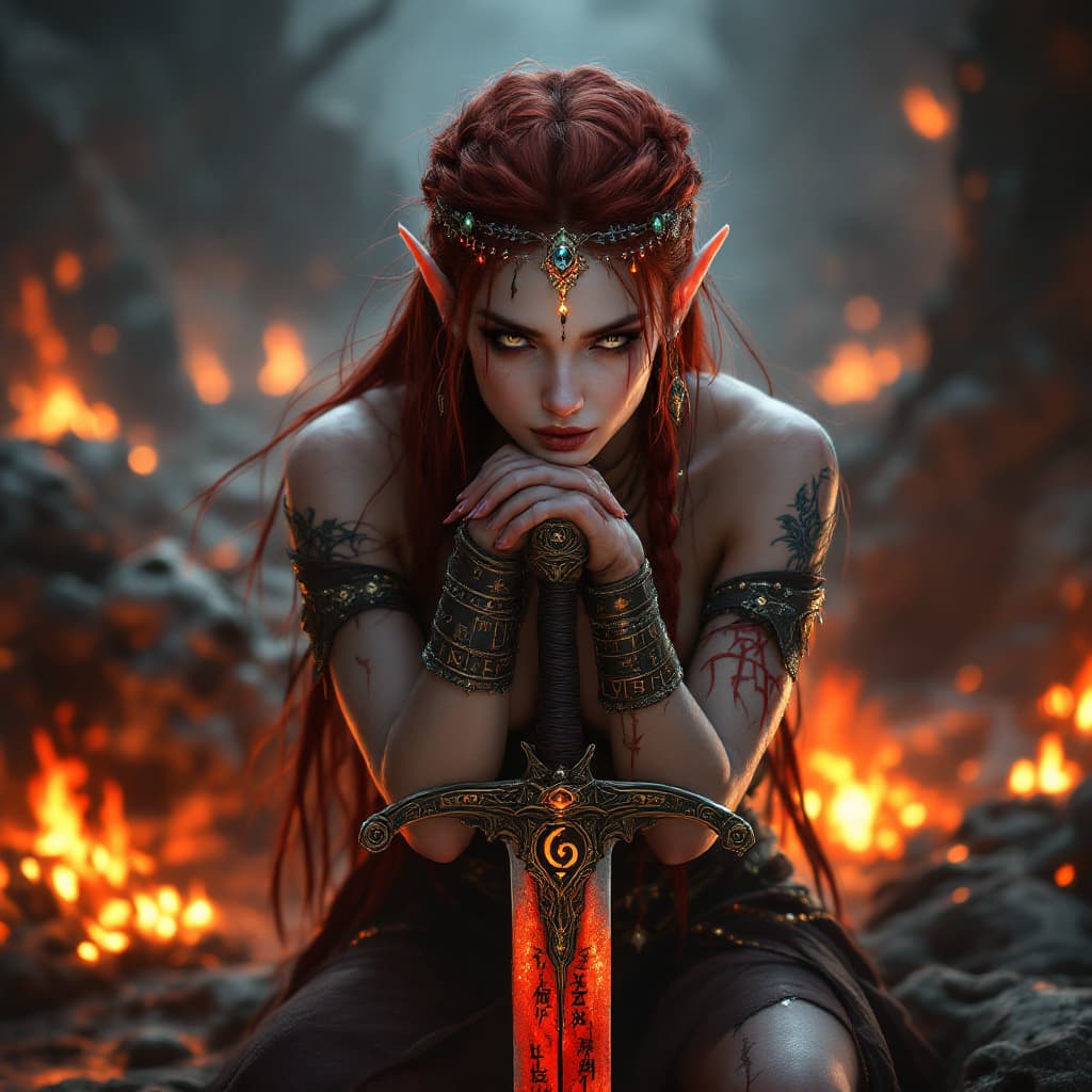 AI generated: Create a highly detailed, fantasy-style digital artwork of an half-elf woman warrior , she is restin...