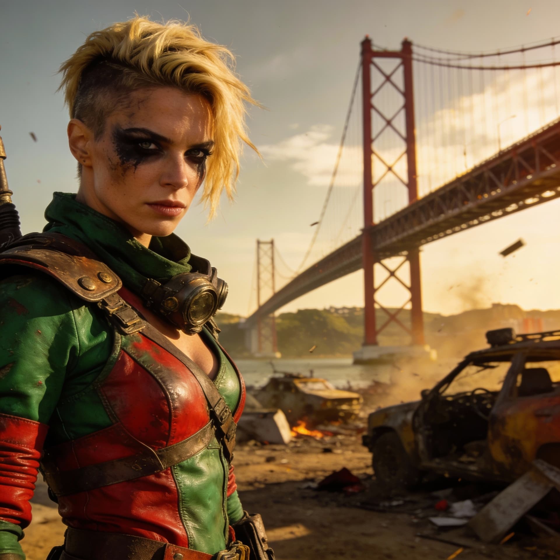 AI generated: A high-resolution photo of Mad Max Furiosa Woman from film series, with dark makeup, short blonde ha...