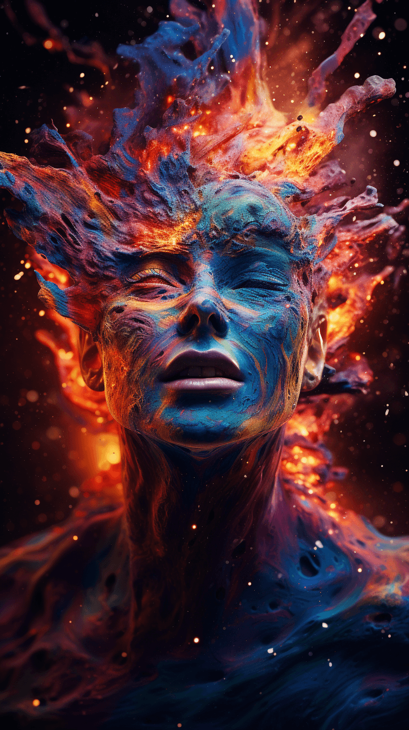 AI generated: a human with saturn head, demonic look, engulfed in particles, vibrant colors,