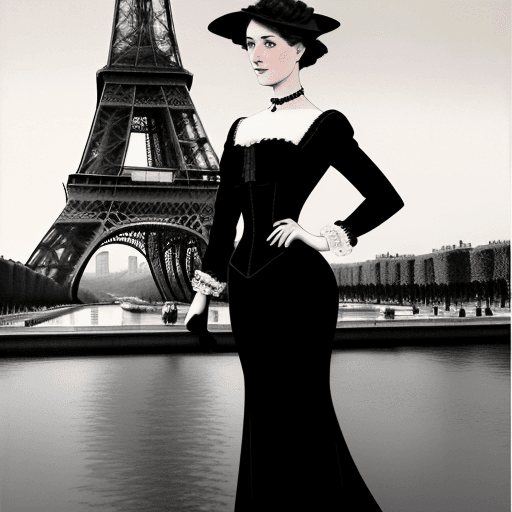 AI generated:  Elegant lady in a little black dress  standing in front of the Eiffel tower 2000s fashion style