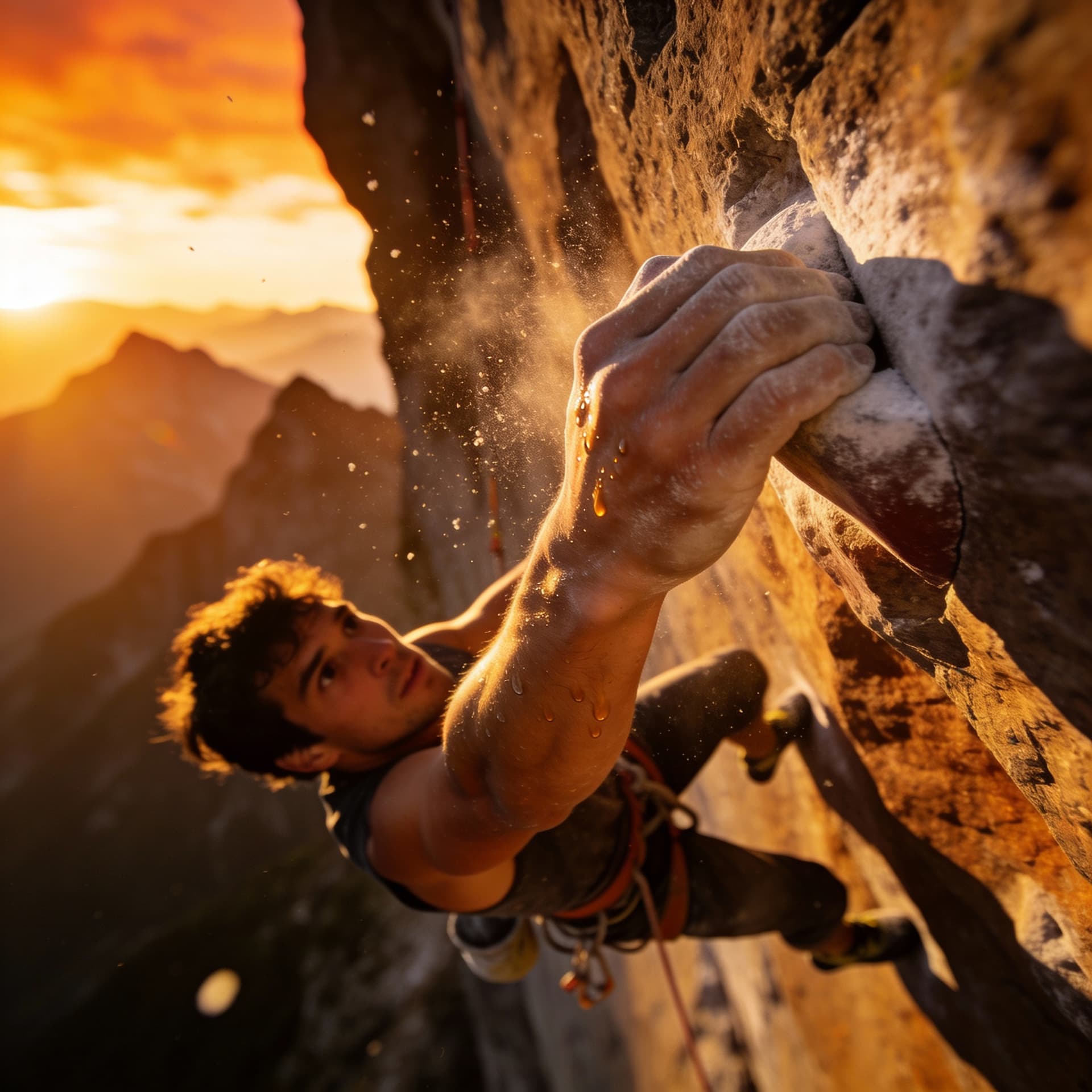 AI generated: “Ultra-realistic professional photograph of a climber hanging from a steep rock wall at golden hour....
