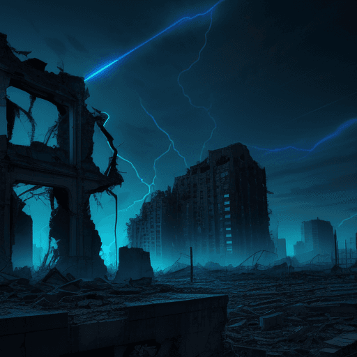 AI generated: electric plasma, night, hovering above a ruined building, high detail, high quality, 8k UHD, profess...