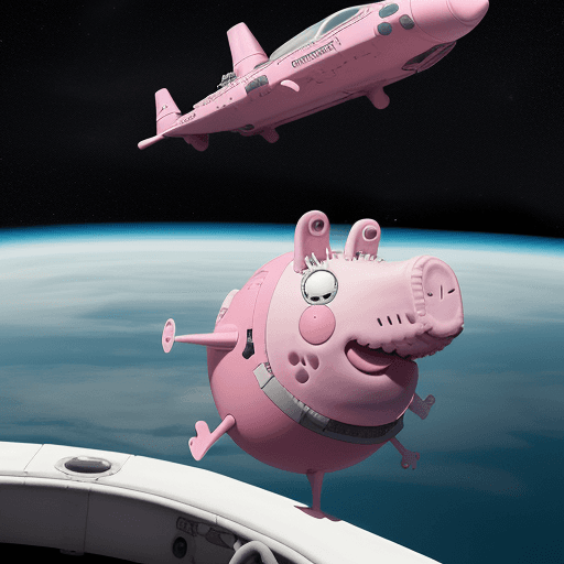 AI generated: peppa flotando en el espacio exterior al lado de una nave alienígena de donde sale un monstruo rosa