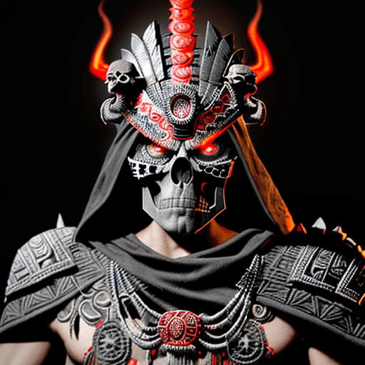 AI generated: A photorealistic digital illustration of an Aztec god with skull face, pointing at viewer and lookin...
