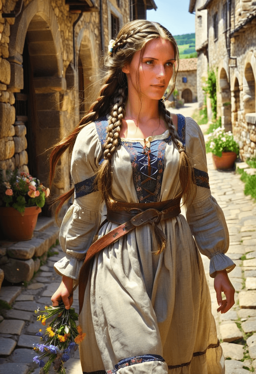 AI generated: HDR photo of woman, long braided brunette hair with flowers, walking on a stone path in a medieval v...
