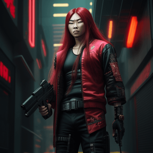 AI generated: Cyberpunk, red long hair asian male holding a heavy Pistol