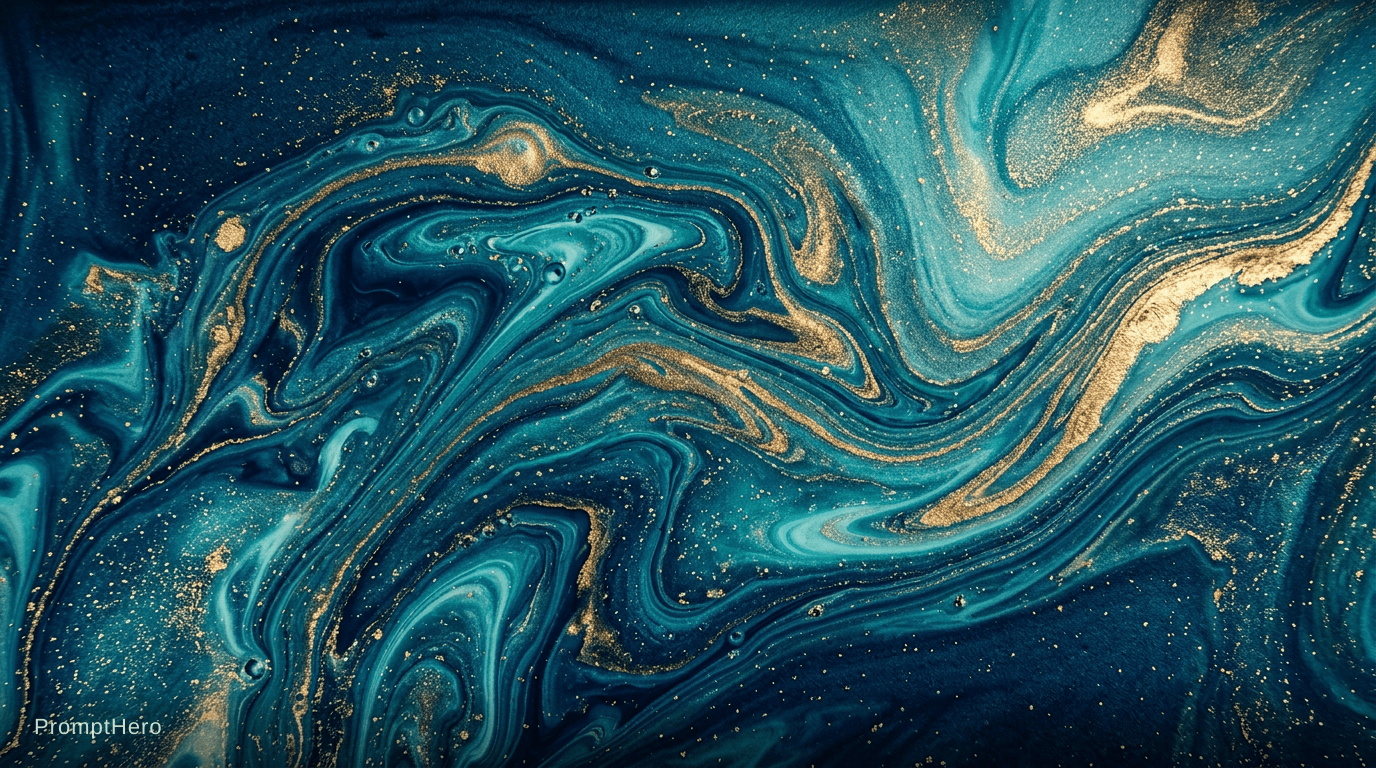 AI generated: abstract fluid art, deep ocean colors, blue teal and gold swirls, elegant and calming