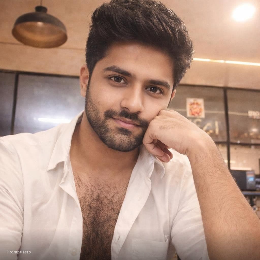 AI generated: Handsome fair young Indian man shirtless with hairy chest 