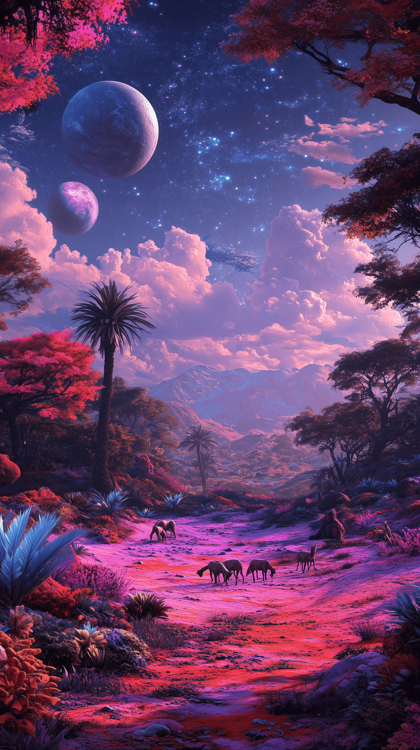 AI generated: A fantasy landscape of an alien planet with various creatures grazing in the foreground, surrounded ...