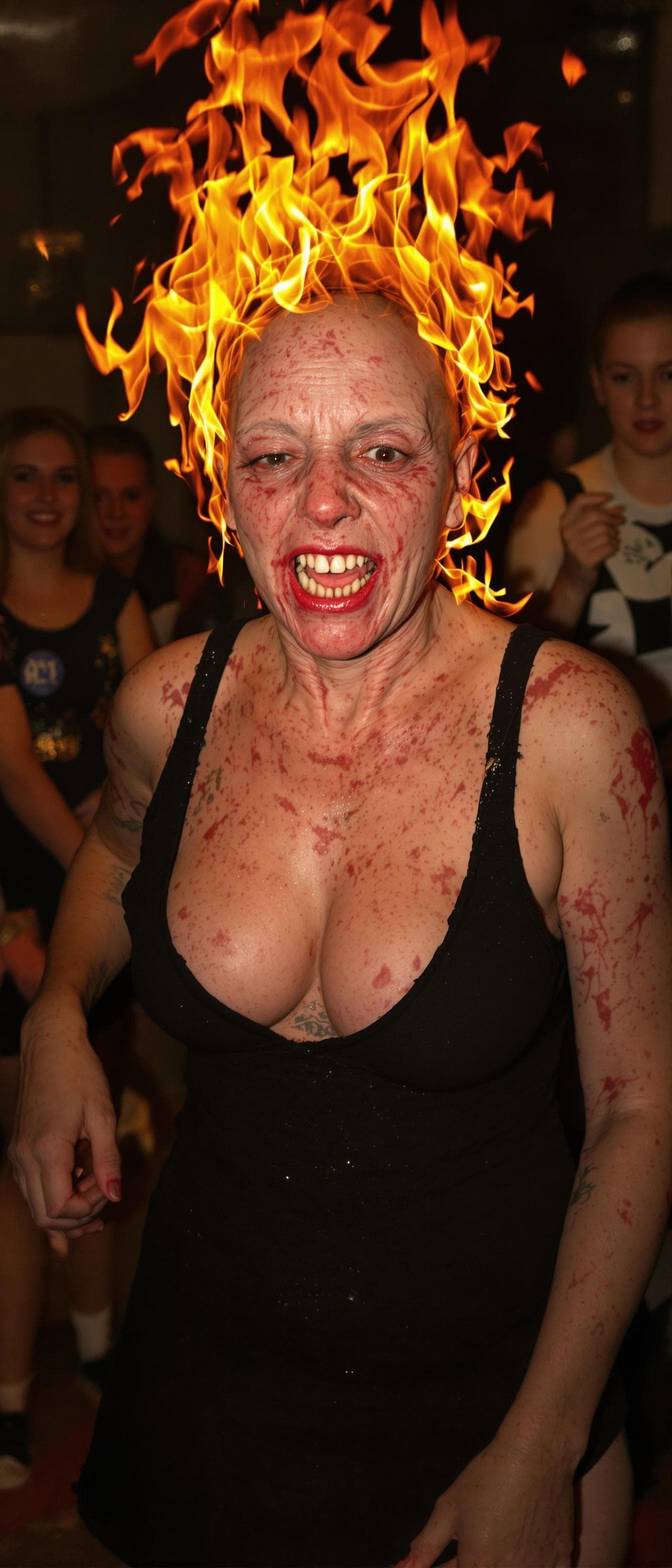 AI generated: An ugly face woman with ugly body  dancing in a party . She is burning in fire . She is bald . She h...