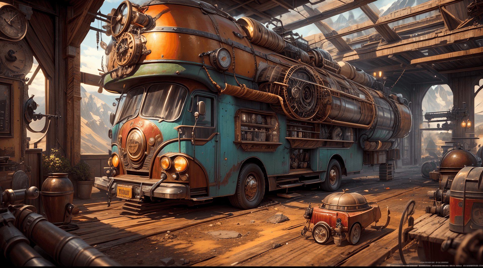 AI generated: (best quality,4k,8k,highres,masterpiece:1.2),concept art,medium shot,steampunk theme,(steampunk RV v...