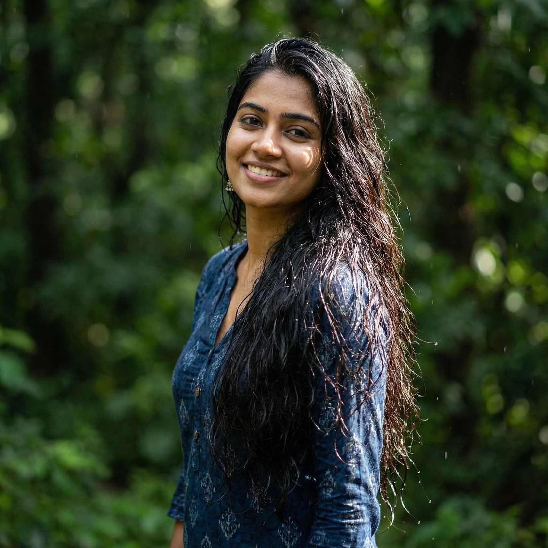 AI generated: a beautiful young Indian woman in full view with long, very thick, shinning wet black hair that is f...