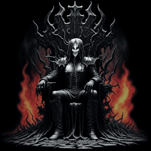 AI generated: Black metal album cover, where a demon in hell sits on a burning throne, collecting the souls of sin...
