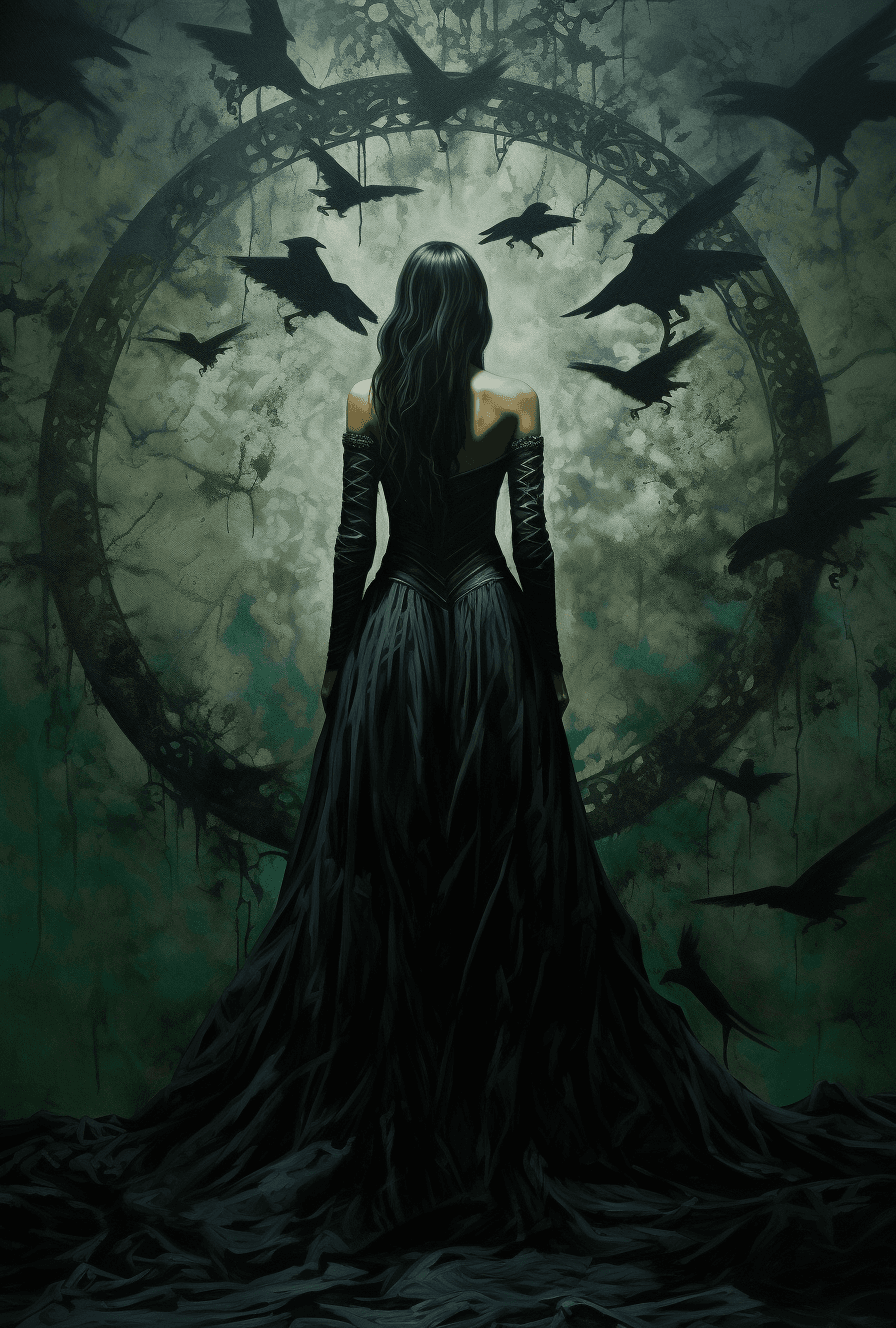 AI generated: A silhouette of a woman of dark fantasy standing on the ground, in the style of dark navy and dark e...