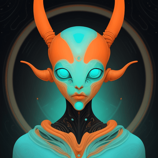 AI generated: alien art and illustration, in the style of balanced symmetry, light orange and cyan, detailed facia...