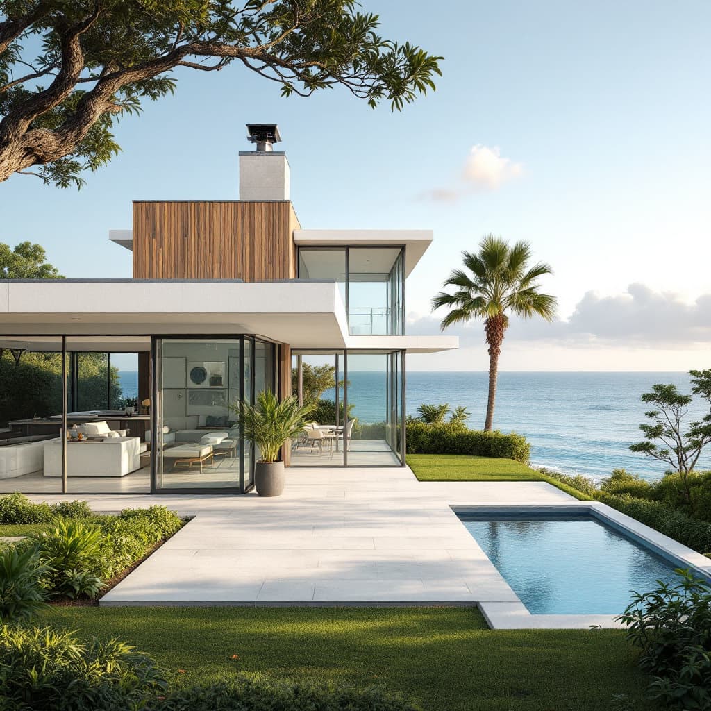 AI generated: Hyper realistic eye level exterior photo of a mid century modern style house overlooking the ocean, ...