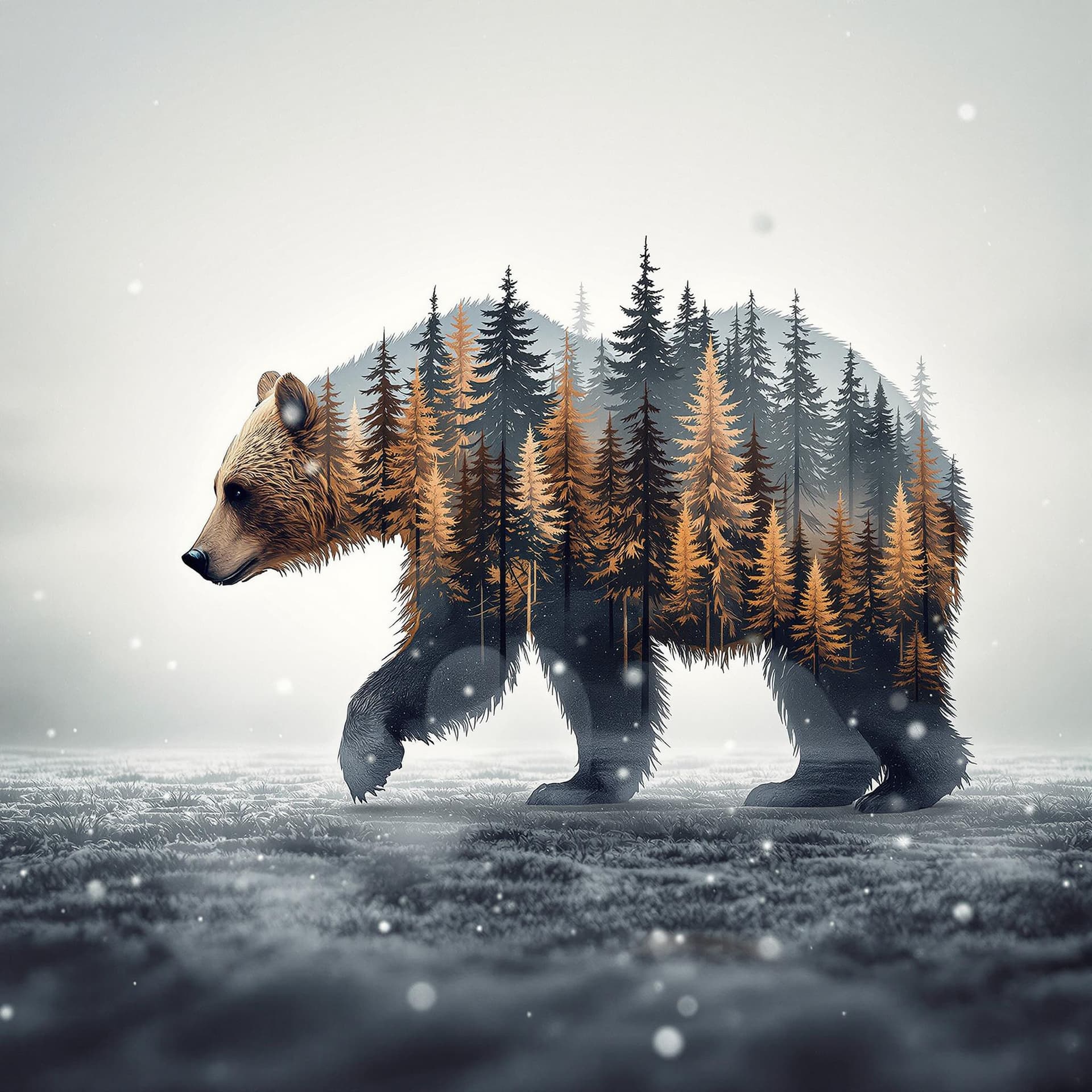 AI generated: The image displays a captivating blend of natural elements where the silhouette of a bear is seamles...