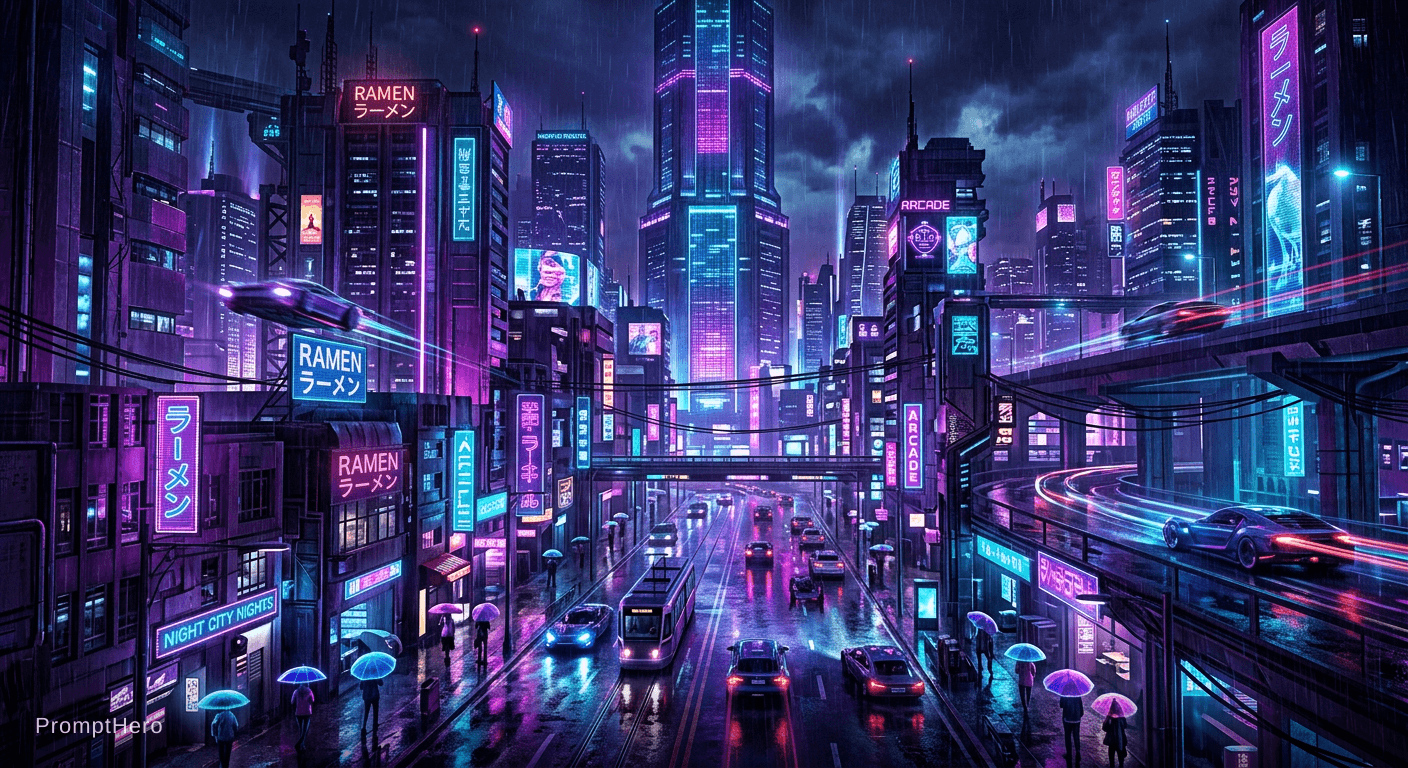 AI generated: neon cyberpunk city at night, rain reflections, purple and blue lights, futuristic