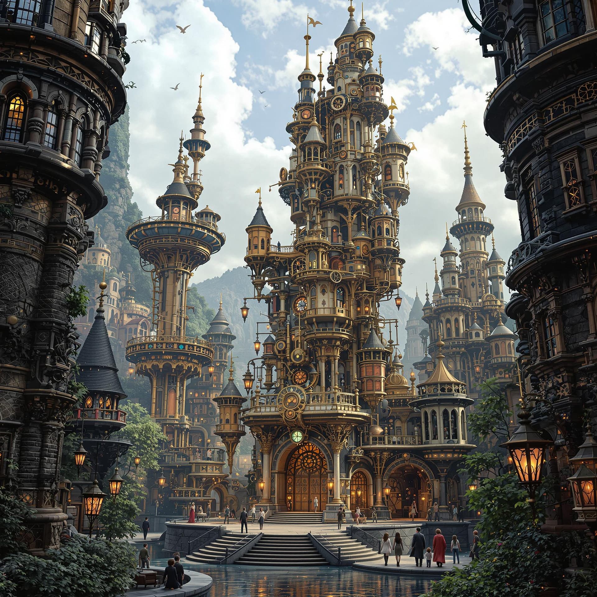 AI generated: Stylized steampunk wizard's tower, fantasy city, intricate artwork . octane render, symmetrical artw...