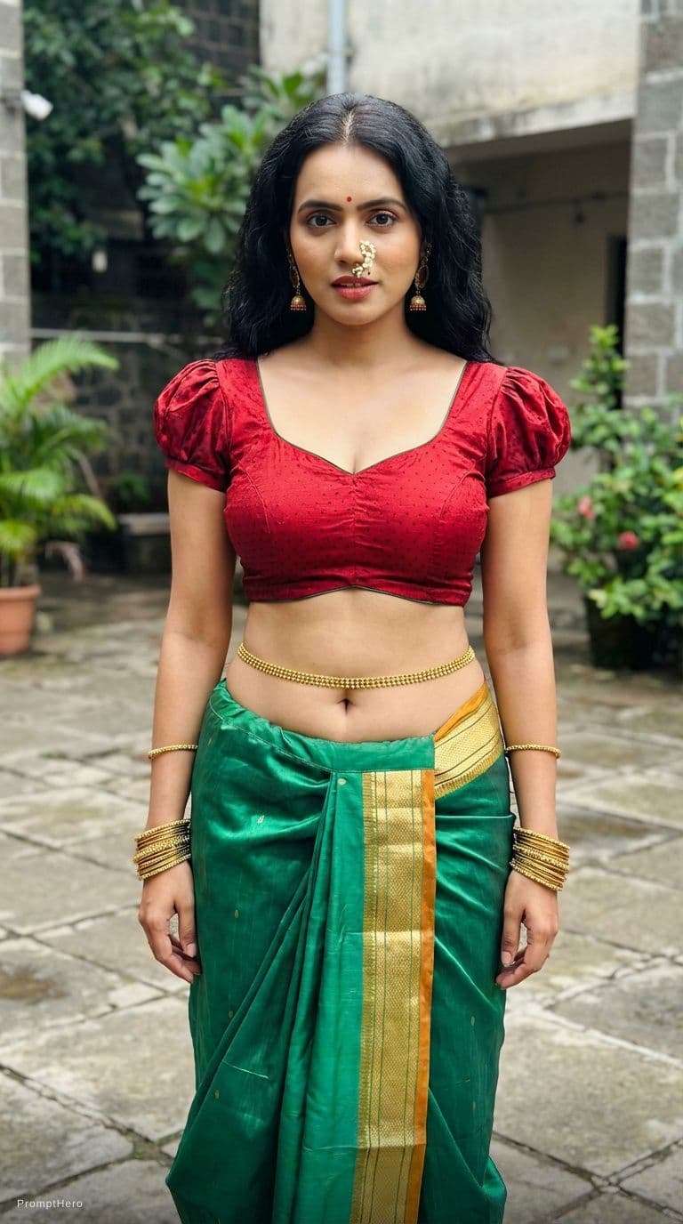 AI generated: wearing blouse choli with large busts and skirt. open naval is visible low waist skirt. wearing bang...