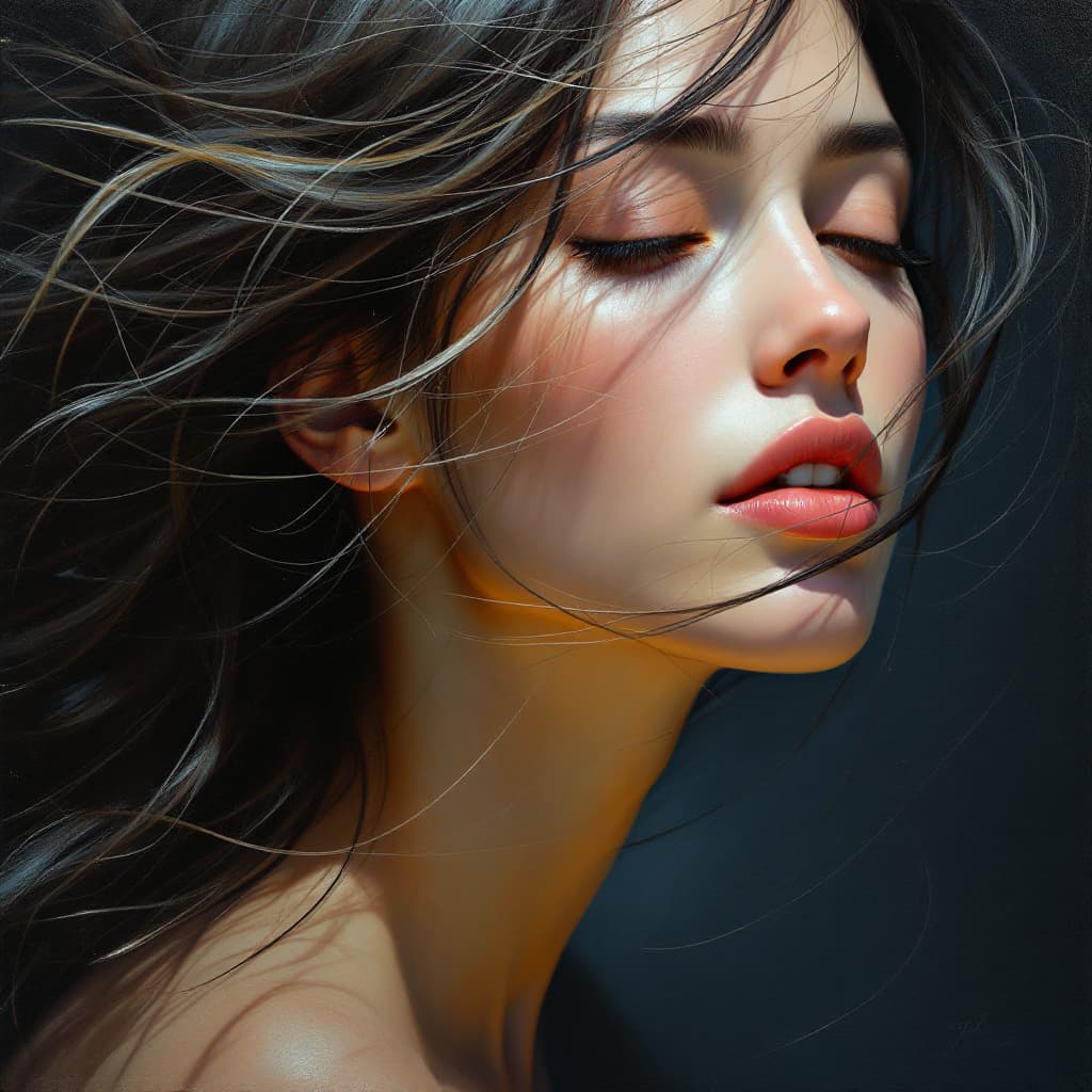 AI generated: oil painting, wind blowing a woman's hair, in the style of Dmitri Danish, digital art techniques, da...