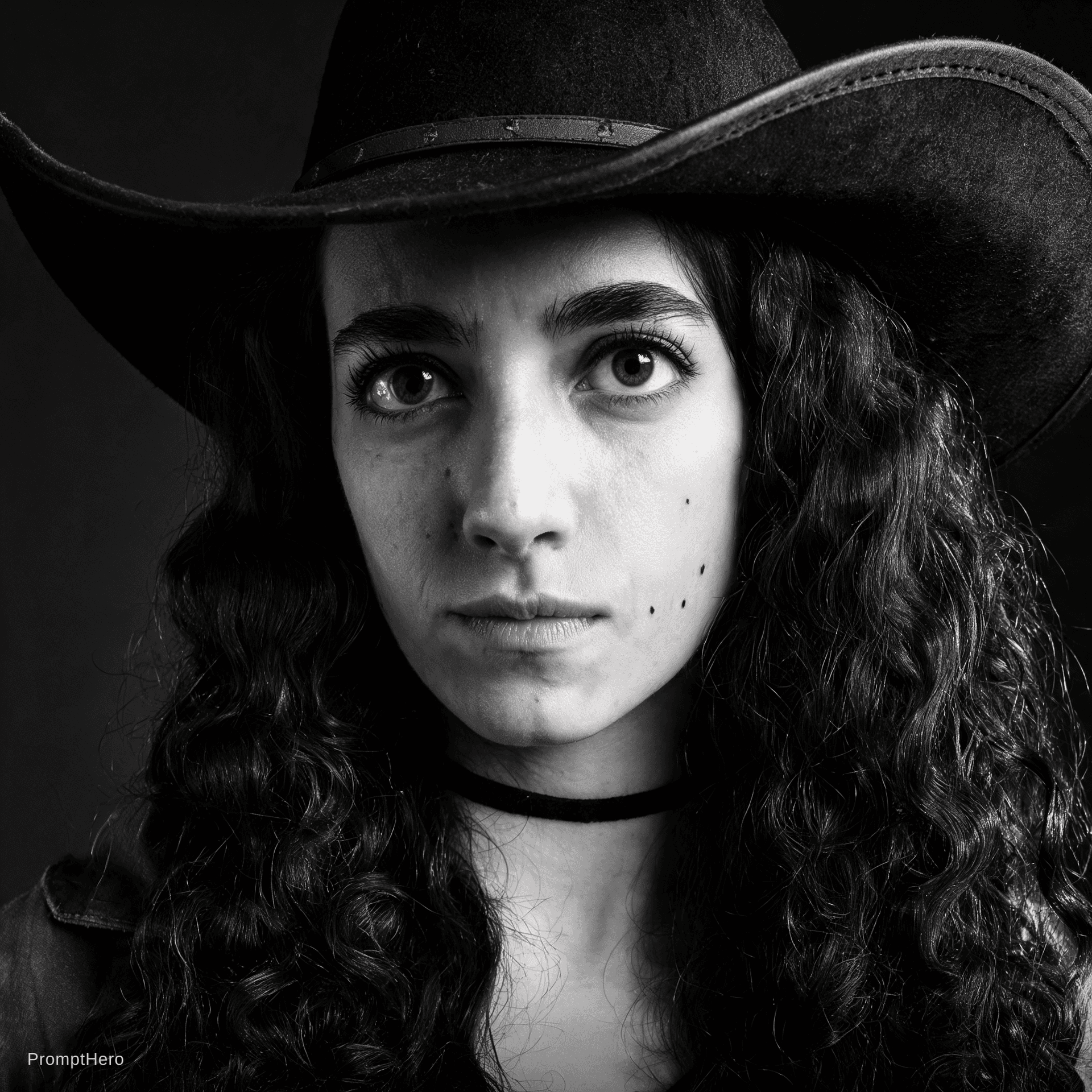 AI generated: A striking, high-contrast black and white portrait of a woman, shot in a studio setting. She is wear...